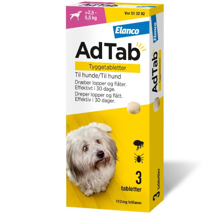 AdTab flått tyggetablett til hund 2,5-5,5kg, 112mg, 3 stk.